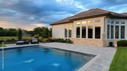 Wallpaper Mural Swimming Pool in Luxurious Backyard with a Stone Patio under a Cloudy Sky during Sunset with Trees and Green Lawn Torontodigital.ca