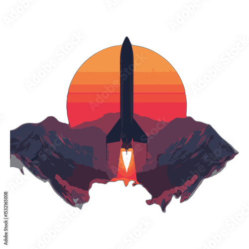 Rocket launching at sunset over mountains