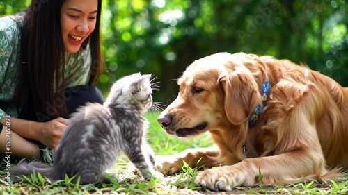 Woman interacting with pet dog and cat outdoors