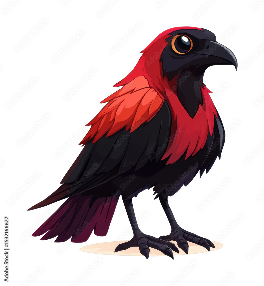 Fototapeta premium Cartoon black and red bird with large beak and colorful plumage