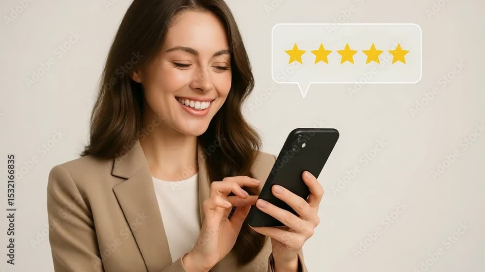 Happy Customer Giving 5-Star Review on Mobile Phone Happy Customer Giving 5-Star Review on Mobile Phone