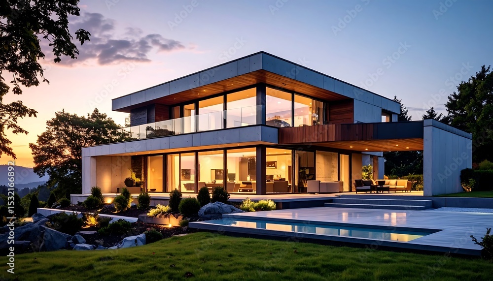 Fototapeta premium Modern house at sunset