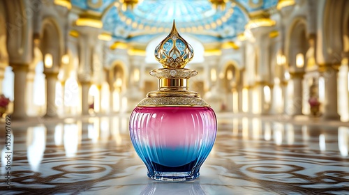 Elegant Perfume Bottle in Luxurious Palace Setting Arabian Fragrance Gold Design