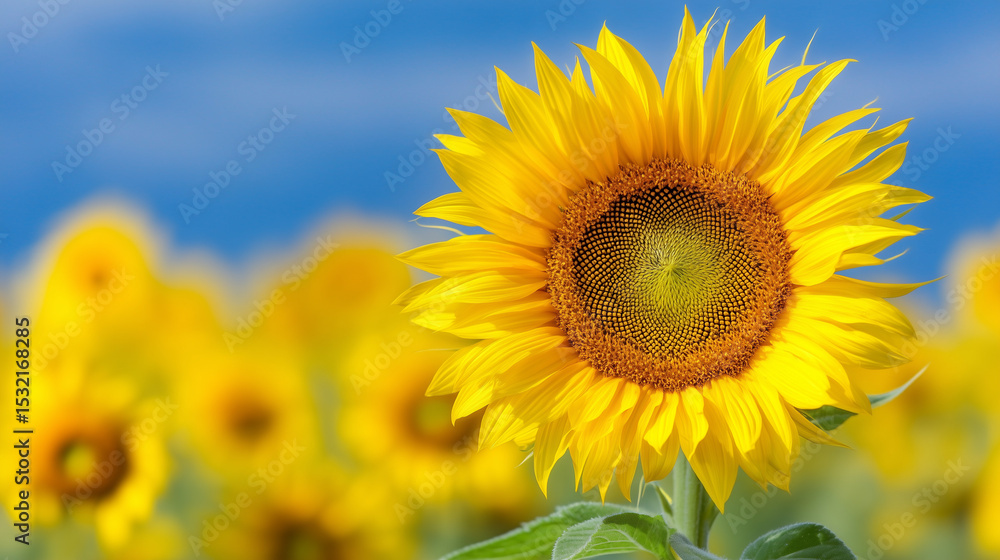 Bright Yellow Sunflower Blooming in Sunny Field Under Blue Sky Bright Yellow Sunflower Blooming in Sunny Field Under Blue Sky