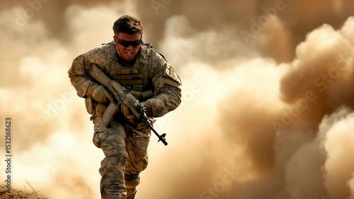 Determined soldier in action, running through a dusty environment, holding a rifle