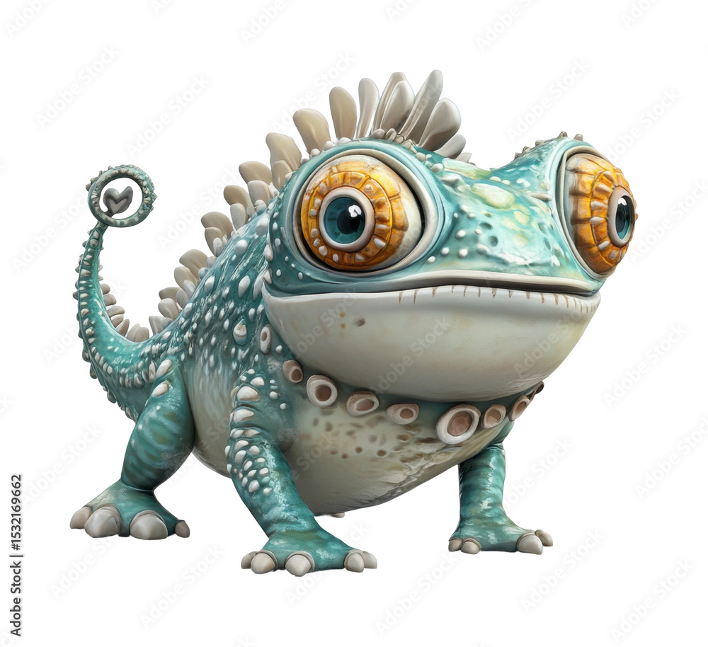 Fototapeta premium Cute cartoon chameleon with big eyes and heart on tail