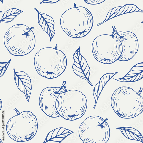 Vector Vintage seamless pattern apples fruit and leaves. Hand drawn Linear elements. Blue beige. Background for design packaging, textile, wrapping paper, wallpaper, Fashion apparel, fabric Monochrome