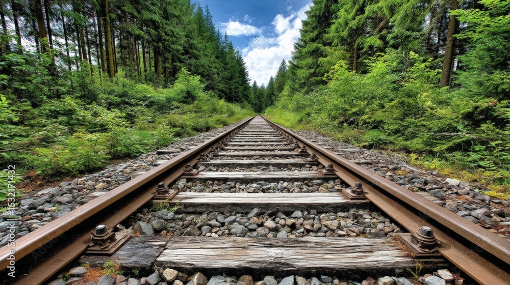 Fototapeta premium Railway tracks run through a lush green forest under a bright blue sky