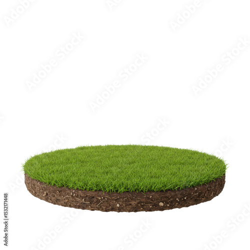 3D green circular grass patch symbol representing nature, garden design, or eco environment decoration, isolated on a transparent background, png, cutout.
