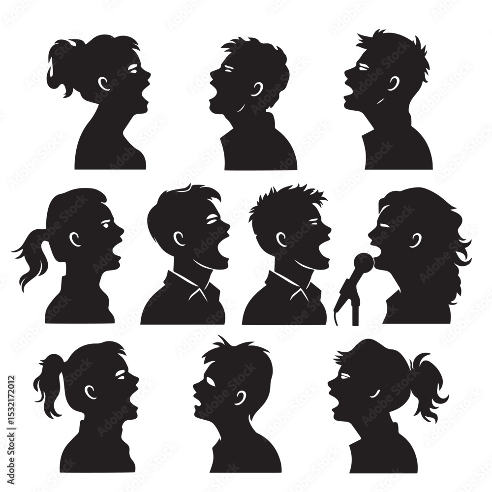 People Singing Silhouettes Vector , black silhouettes isolated on white background People Singing Silhouettes Vector , black silhouettes isolated on white background