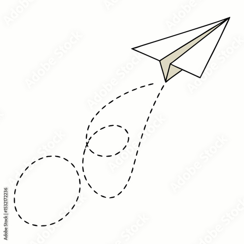 A paper airplane soars, its dotted path tracing a whimsical flight across a white background