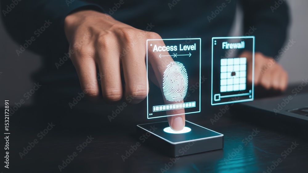 Naklejka premium Person authenticating access with a fingerprint scanner.