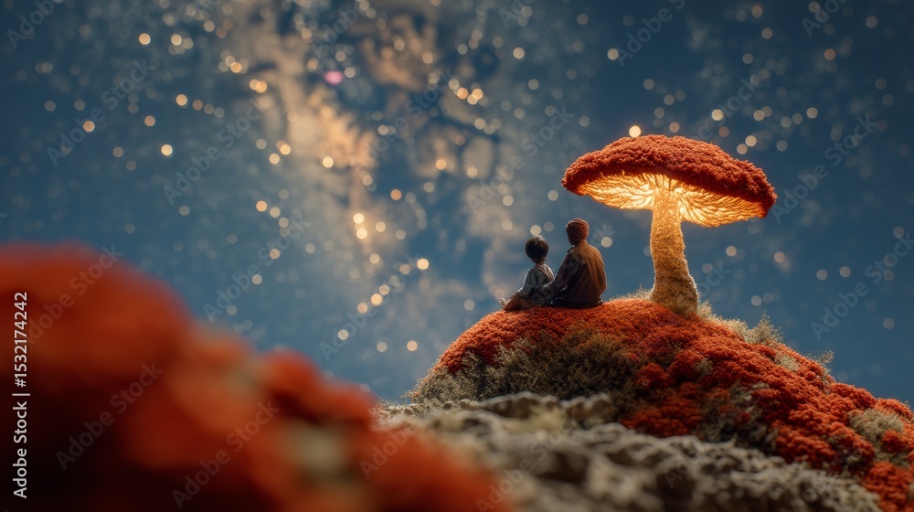 Fototapeta premium Enchanted evening with child and camping under glowing mushroom starry sky