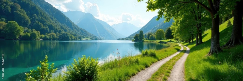 Naklejka premium Quaint lakeside lane, lush greenery, stunning vista , lake, scenic