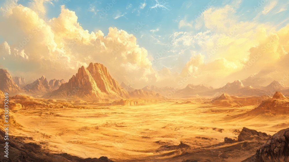 Naklejka premium Golden Desert Panorama: Majestic Mountains under a Cloudy Sky