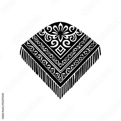 Minimalist black vector icon of a fringed shawl with ornate ethnic patterns.

