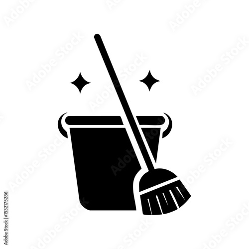 Minimalist icon of mop and bucket with sparkles, representing cleanliness and janitorial services.

