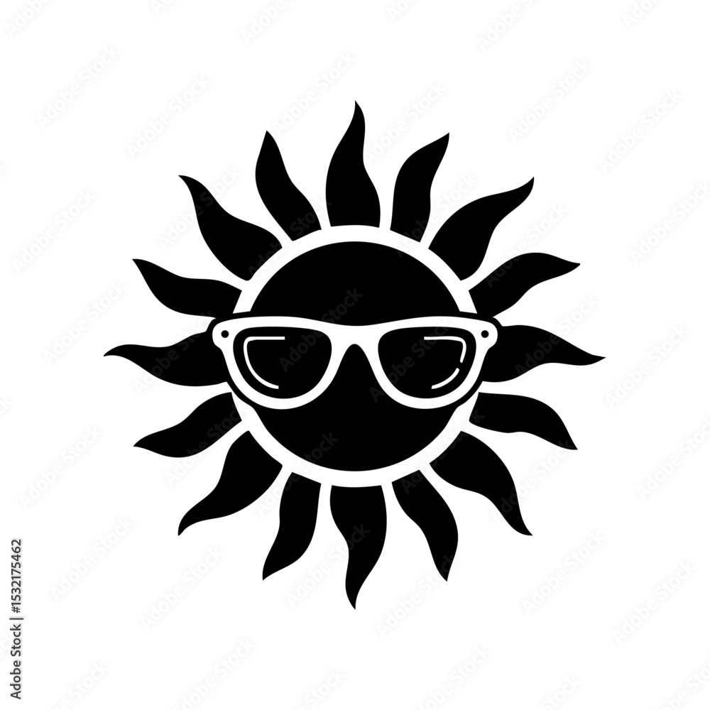 Fototapeta premium Vector logo of a cheerful sun wearing sunglasses in a minimal style.