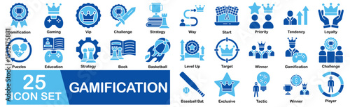 Gamification Icon Set With Vip, Challenge, Strategy, Way, Start, Priority, Tendency, Loyalty, Puzzles, Education, Game