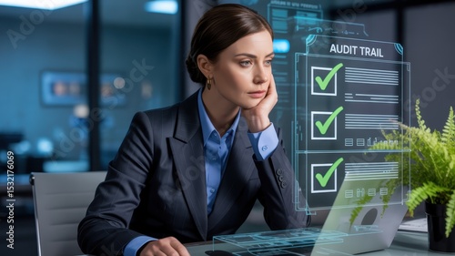 Wallpaper Mural Businesswoman reviewing audit trail on laptop. Torontodigital.ca