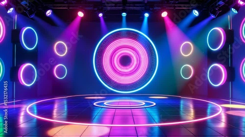 neon illuminated stage with colorful spotlights and circular light displays in a dark ambiance