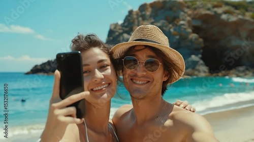 Wallpaper Mural A happy couple takes a selfie on the beach, smiling against a backdrop of ocean waves and sunset skies, capturing a joyful moment together. 4K video footage. Torontodigital.ca