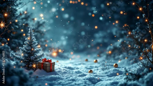 a festive winter scene with a small tree and a gift, glowing lights illuminate the snow