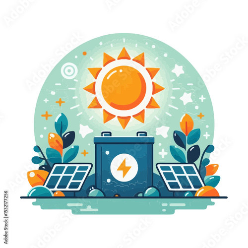 bright sun over a battery flanked by solar panels, surrounded by foliage, symbolizing renewable energy. Websites/blogs can use this for green technology, sustainable power, or environmental solutions.