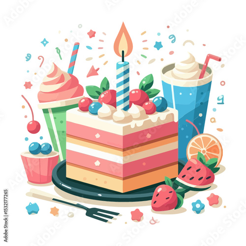 festive spread with a birthday cake slice, a cupcake, beverages, and fruits, surrounded by confetti. Websites/blogs can use this for birthday themes, party planning, or dessert recipes.

