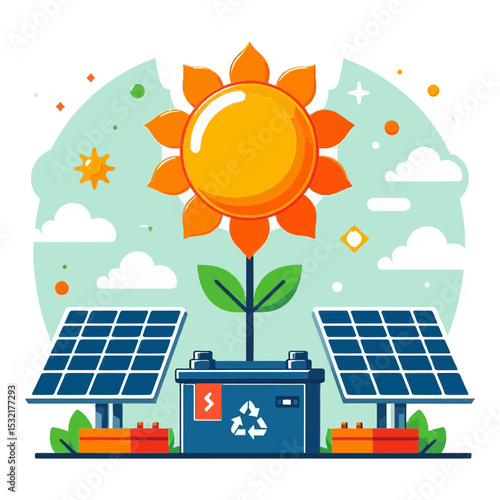 flower growing from a battery, flanked by solar panels, symbolizing renewable energy and sustainability for green technology, solar power, or environmental topics