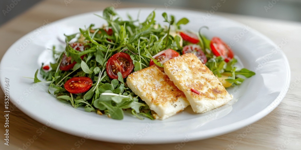 Fresh arugula and cherry tomato salad topped with two slices of grilled halloumi cheese on a white plate. Fresh arugula and cherry tomato salad topped with two slices of grilled halloumi cheese on a white plate.