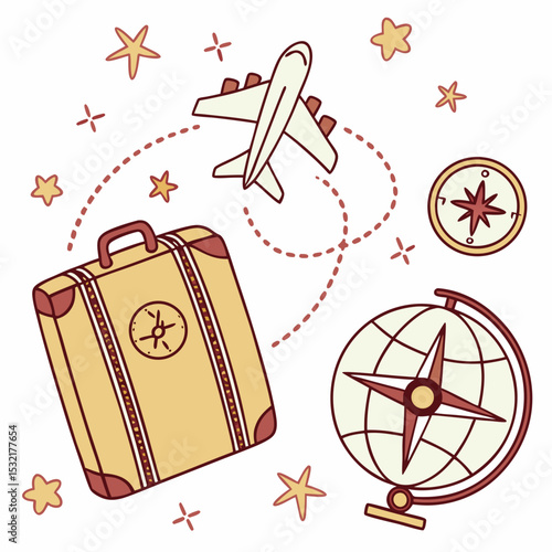 A vintage suitcase awaits a journey, guided by a compass and globe, isolated on white background