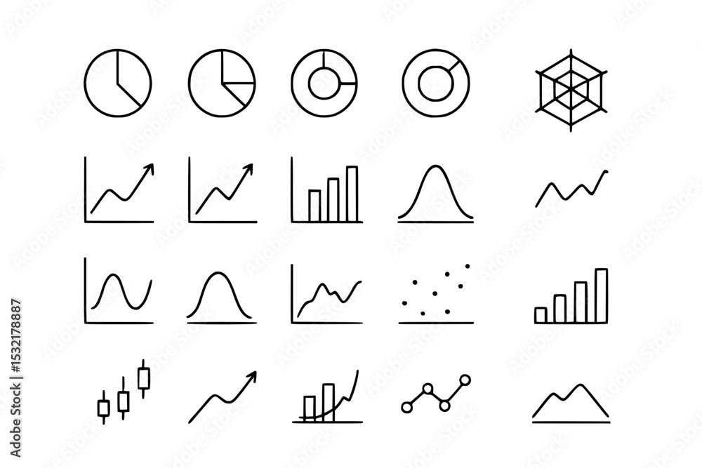 Fototapeta premium Chart icon set vector, charts, adjustable line weight, graph, pie, bar, data, area, dot, point, radar, sine, cosine, icons, design, graphic, outline