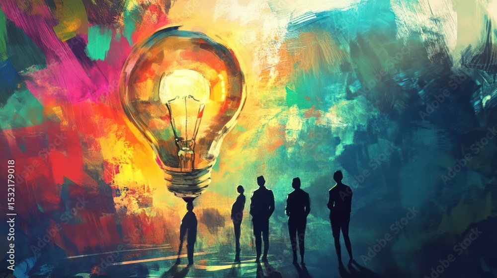 Fototapeta premium Abstract illustration of a large lightbulb over a group of people, symbolizing creative ideas and inspiration