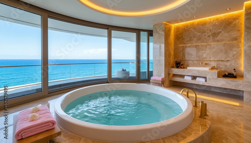 Interior of a luxurious bathroom with a panoramic window and a round jacuzzi, sea view, hotel. Generated by AI.