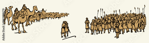 Vector drawing. Meeting of two tribes