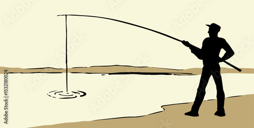 Vector drawing. Man catching fish