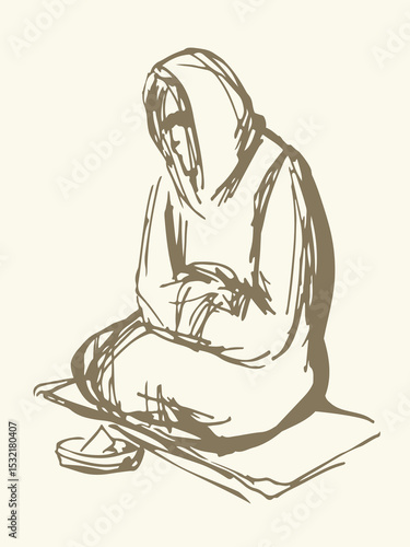 Vector Drawing. Girl askng for Alms