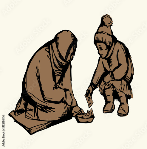 Vector Drawing. Girl Giving Alms to a Beggar