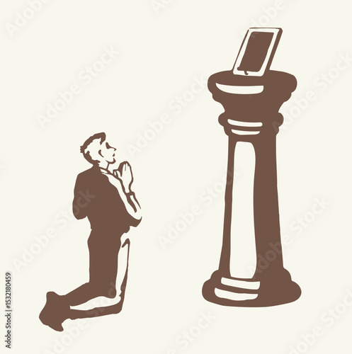Vector drawing. Adult man worshiping Phone