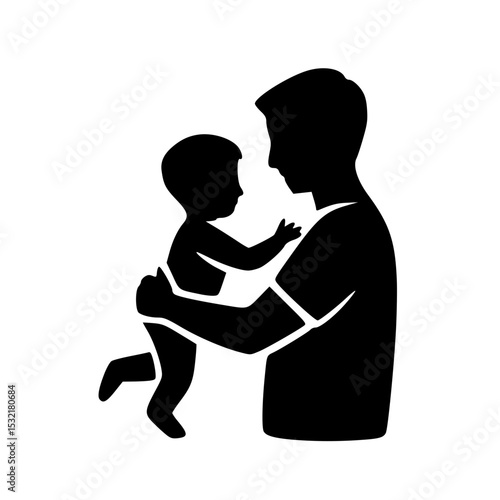 Father Holding Baby Silhouette Illustration, Black and white silhouette of a father lifting and holding his baby, symbolizing parental love, bonding, and care.

