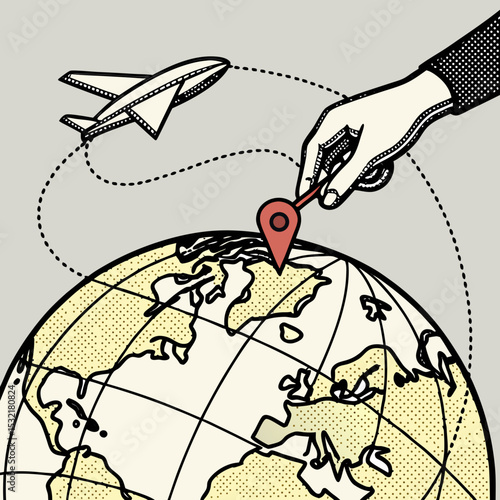 A hand plots a flight path on a globe