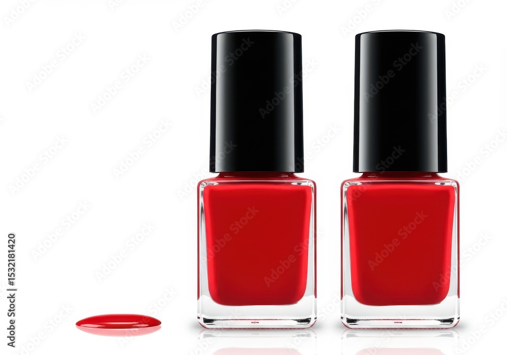 Two red nail polish bottles with a drop of polish Two red nail polish bottles with a drop of polish