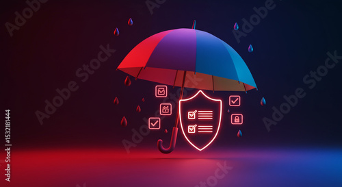 Cybersecurity and insurance concept with 3D umbrella protecting a glowing shield icon, representing data protection, risk management, and digital safety.