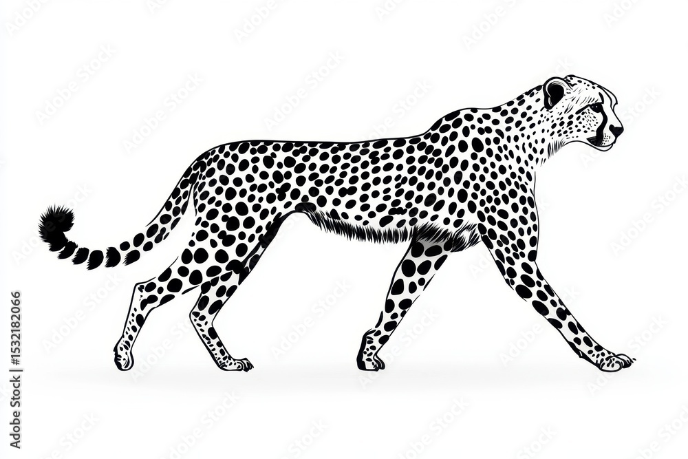 Cheetah gracefully walking across a plain in a striking black and white illustration capturing its speed and elegance in motion Cheetah gracefully walking across a plain in a striking black and white illustration capturing its speed and elegance in motion