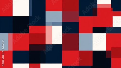 Modern Abstract Geometric Composition with Overlapping Red, Blue, and White Squares