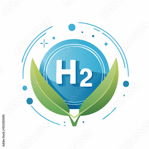A stylized illustration depicting the hydrogen symbol with green leaves, representing clean energy.