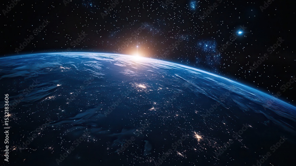 Obraz premium Earth from space with city lights visible and sunrise on the horizon and stars in the background
