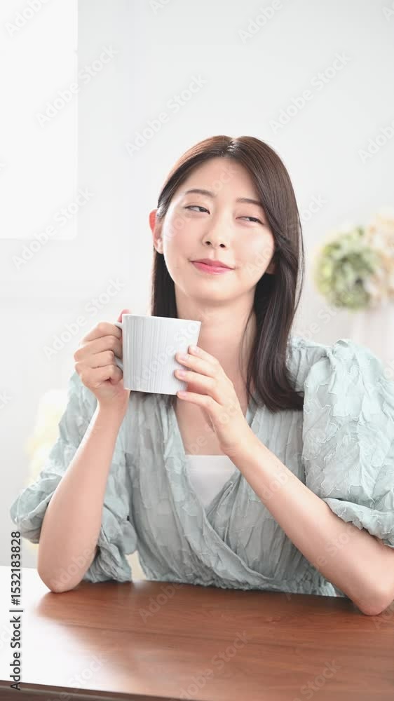 部屋で飲み物を飲んでリラックスするかわいい若い女性 のんびりティータイム縦動画 部屋で飲み物を飲んでリラックスするかわいい若い女性 のんびりティータイム縦動画