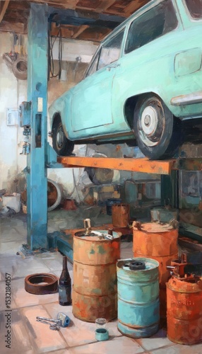 Wallpaper Mural Mechanic Under Pastel Car on Lift in Garage with Tools and Oil Cans Torontodigital.ca